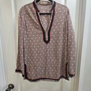 Tory Burch Red, Black and White Geometric Long-Sleeve Tunic Blouse